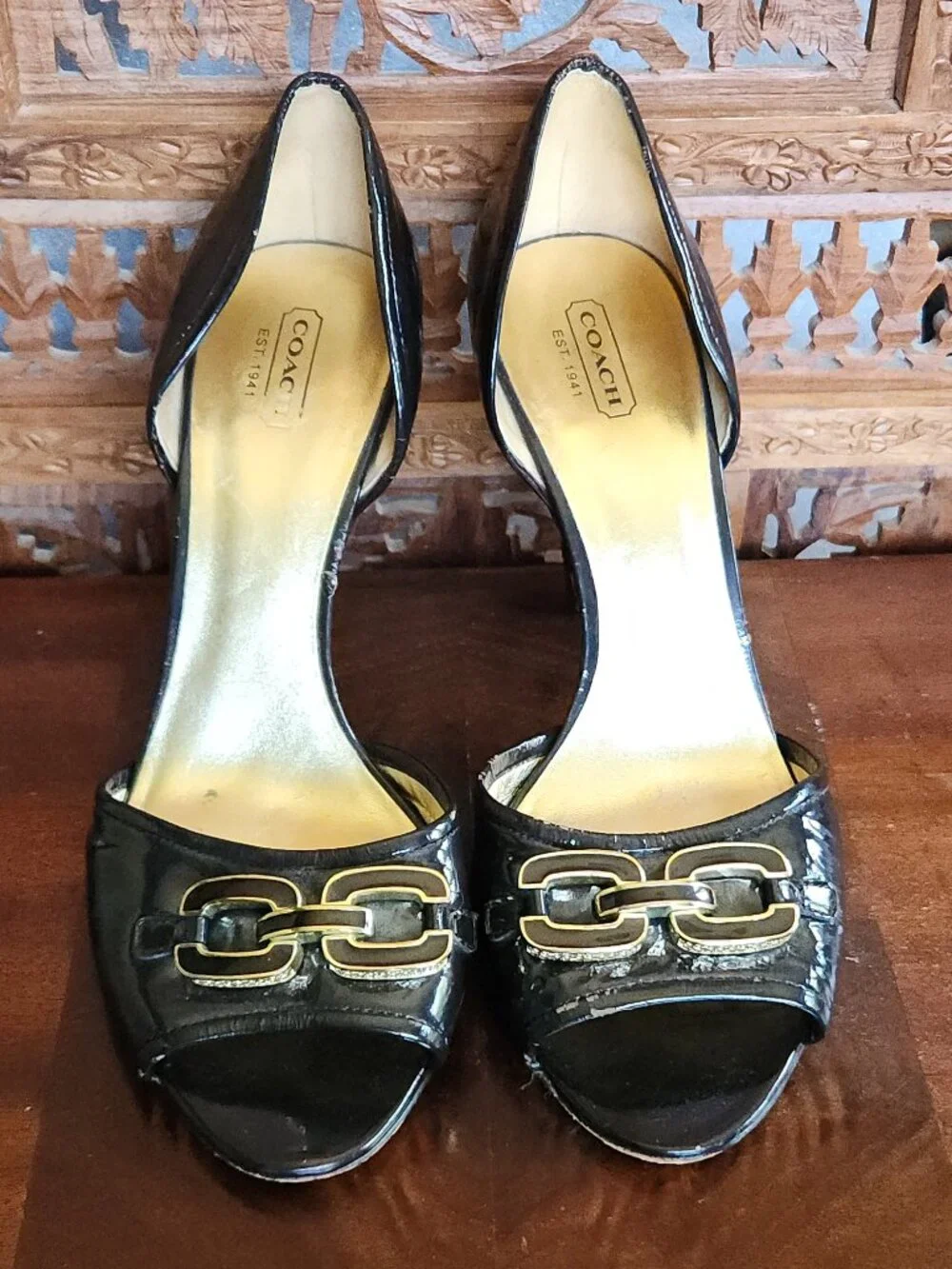 Coach Belinda Black Leather Heels with Gold Accents